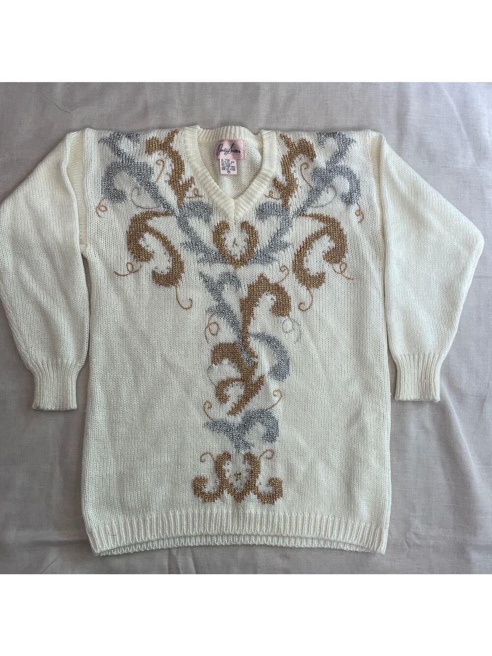 Vintage Knit Sweater Womens Size Medium M Cream Gold Metallic V Neck Beaded 90s